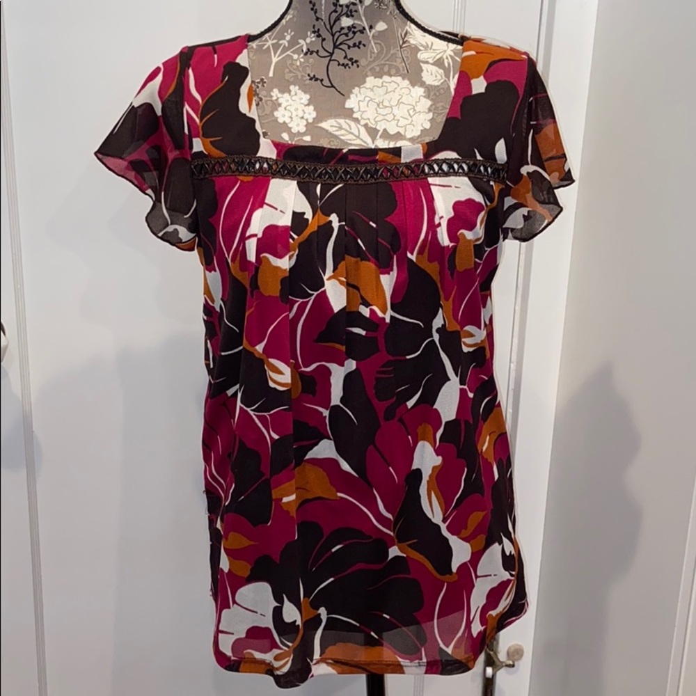 Brown and fuchsia flower blouse top